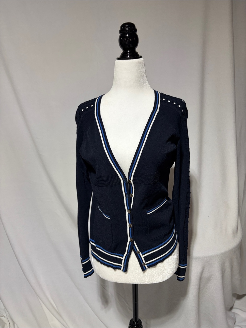 Autumn Cashmere Navy Cardigan with White and Royal Blue Trim